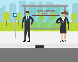 Illustration vector design of social distancing at bus stop. Male and female are waiting for bus. New normal activities.