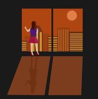 el diseño vectorial ilustrativo de una mujer está parada frente a la ventana y mirando al atardecer. vector
