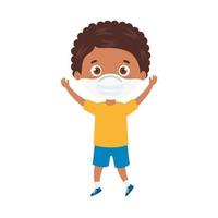 cute boy afro using face mask with hands up vector