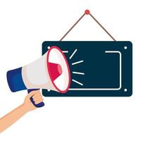 hand with megaphone and hanging sign on white background vector