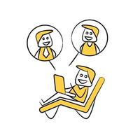 relax worker online conference yellow doodle stick figure vector