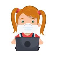 girl using face mask with laptop studying online vector