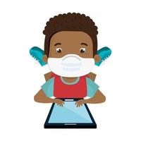 boy using face mask with tablet studying online vector