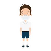 cute boy student using face mask isolated icon vector