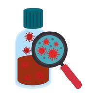bottle with test of particles covid 19 and magnifying glass vector