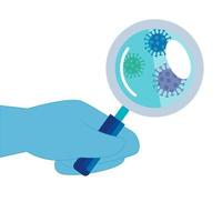 hand and magnifying glass with particles covid 19 vector
