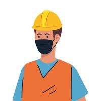 trabajador de la construcción usando máscara facial durante covid 19 sobre fondo blanco vector