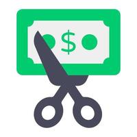 Scissors cutting banknote, trendy flat icon of discount vector