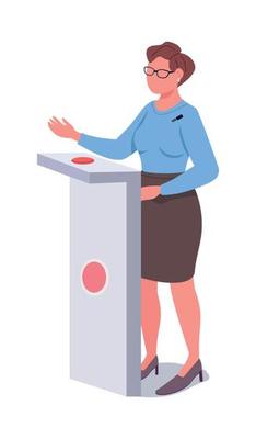 Woman at stand on debate semi flat color vector character