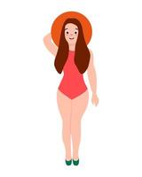 atractiva mujer joven aislada en blanco plano colorido ilustración figura delgada personaje en traje de baño con sombrero playa vector