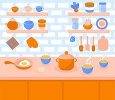 Diseño plano de interiores de cocina. Ilustración de vector de concepto de dibujos animados de sala de cocina colorida. muebles y alimentos.