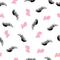 Pestañas largas negras de patrones sin fisuras y papel tapiz en forma de corazón rosa ilustración fondo tarjeta de vector de belleza cosmética