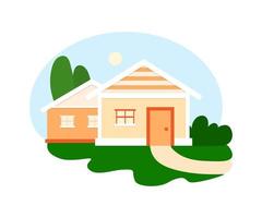 Home outdoor isolated icon. Flat colorful illustration of house. Sunny day landscape with cartoon building. vector