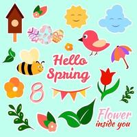 conjunto de primavera colección de dibujos animados planos de elementos de diseño aislados pegatinas de colores flores de estilo infantil abeja pájaro huevos de pascua sol y nube ilustración divertida vector