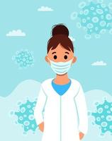 ilustración de vector médico mujer médico uniforme virus dibujos animados en estilo plano concepto banner medicina plantilla