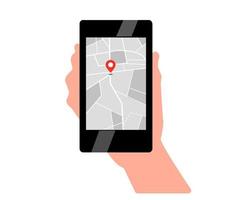 teléfono inteligente en mano con mapa aplicación ubicación navegación geo etiqueta ciudad en vector de concepto de estilo plano