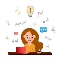 Girl character vector colorful illustration online education computer desk woman lady idea brainstorm