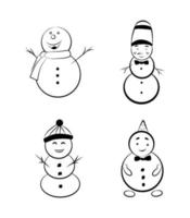Snowman character vector icon set graphic decoration graphic element outline drawing. Winter season illustration. Black outline sketch drawing. New year celebration card template.