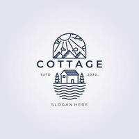 Cottage line art  logo vector illustration design, mountain river pine tree line art , or Cabin line art logo