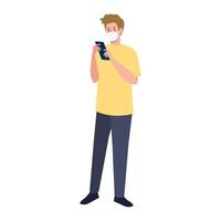 Man with medical mask holding smartphone vector design