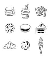 Sweets icon set vector graphic line art design element waffle, cake, pancake, cupcake, ice cream, donut, cookies, biscuit, macaroon, croissant breakfast tasty food emblem. Doodle black outline drawing