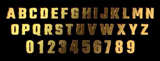 Gold 3d font. Realistic metal alphabet letters and numbers. vector