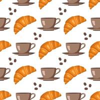 Seamless pattern with croissants, cups, saucers and coffee beans. Cute print with pastries and drinks for cafe and restaurant menus, textiles, paper and design. Vector flat illustration