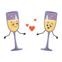 Glasses of sparkling wine character with love emotions, smile face, arms and legs. with joyful facial expression, glass container for holidays and parties. Vector flat illustration