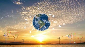 de aarde met milieu ecologie teken hologram op cloud sky turbine achtergrond. video