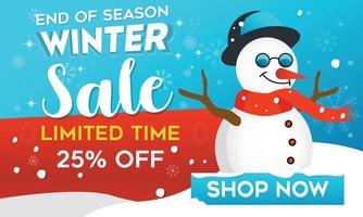banner de venta de invierno lindo muñeco de nieve usa silenciador rojo y gafas de sol geniales