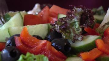 uomo che mangia pranzo con insalata di verdure, formaggio e uova nel ristorante video