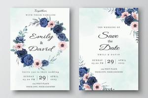 plantilla de invitación de boda con rosas azul marino vector