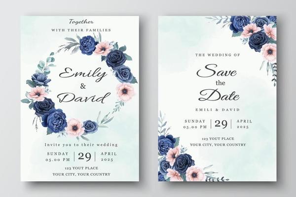 Wedding invitation template with navy blue roses