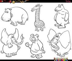 cartoon wild animals characters set coloring book page vector