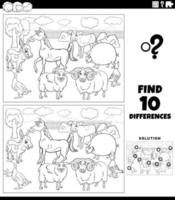 differences game with cartoon farm animals color book page vector