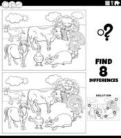 tarea de diferencias con la página del libro de color de animales de granja de dibujos animados vector