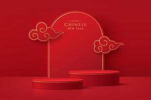 Realistic dark red and gold 3D cylinder pedestal podium set with red arch backdrop. Minimal scene for products showcase, Promotion display. Abstract studio room platform. Happy lantern day concept. vector