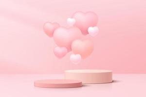 Realistic pink 3D cylinder pedestal podium set with floating balloons heart shape. Valentine pastel minimal scene for products showcase, Promotion display. Vector abstract studio room  platform design