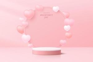 Realistic pink 3D cylinder pedestal podium with circle backdrop and floating balloons heart shape. Valentine pastels cene for products showcase, Promotion display. Vector abstract room platform design