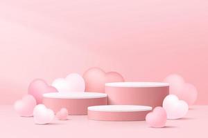 Realistic pink 3D cylinder pedestal podium set with balloons heart shape. Pastel minimal scene for products showcase, Promotion display. Abstract studio room platform design. Vector illustration.