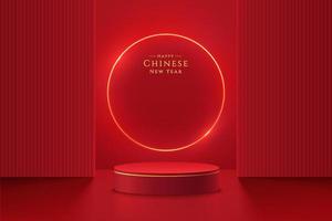 Realistic dark red and gold 3D cylinder pedestal podium with illuminate circle lamp backdrop. Minimal scene for products showcase, Promotion display. Abstract studio room platform. Happy lantern day. vector