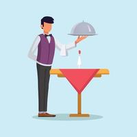 Waiter serve a meal under a grey cloche in the restaurant. Uniform Official. Vector colorful illustration.