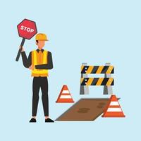 Worker using stop sign. Under Construction. Uniform Official. Vector colorful illustration.
