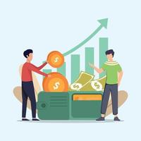 Two men are doing sales transactions and getting high profits. Vector colorful illustration. Money