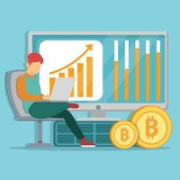 A male is analyzing bitcoin which has the potential to rise in price in the future. Vector colorful illustration. Bitcoin