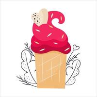 Pink cupcake with heart for Valentine's Day. Waffle cup with cream. Delicious, sweet dessert with decor. Flat vector illustration isolated