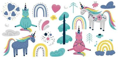 Nordic kids set. Scandinavian unicorn with flowers, trees, rainbows and hearts. Fairy horse for children in pastel colors. Stars, clouds and cute animals. Hand drawn trendy vector illustration