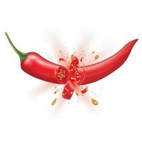 Red Peppers splashing explosion, Chili isolated on white background. Vector 3D illustration.