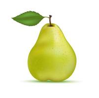 pera verde con rodajas de pera y hojas. vitaminas, comida saludable fruta. sobre un fondo blanco. ilustración vectorial 3d realista. vector
