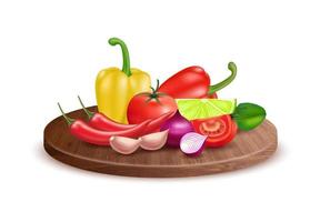 Fresh organic vegetables on wooden plate. Ingredients of herbs tomato, pepper, onion, garlic and lime. Cooking ingredients healthy nutrition natural food concept. Realistic 3d vector illustration.